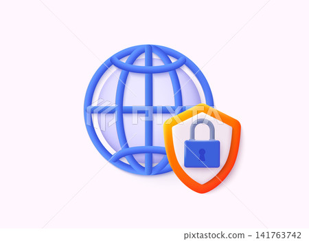 3D Globe hyperlink icon. Cyber security, shield lock. Personal data security Illustrates cyber data or information privacy idea. 3D Web Vector Illustrations. 141763742