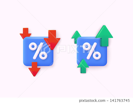 Icon percent with arrow. Market analysis, investment or interest rate. Interest low price 3d percent discount vector icon. Percentage with arrow up and down. 3D Web Vector Illustrations. 141763745