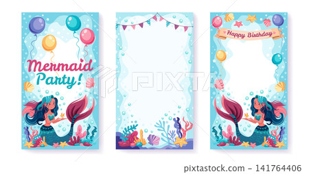 Cute mermaid birthday party invitation with sea creatures, shells, and pastel underwater elements for kids celebration cards and festive mermaid themed designs. Cute mermaid birthday party invitation with sea creatures, shells, and pastel underwater elements for kids celebration cards and festive mermaid themed designs. 141764406