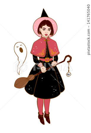 Young witch with broom and ghost halloween illustration Young witch with broom and ghost halloween illustration 141765040