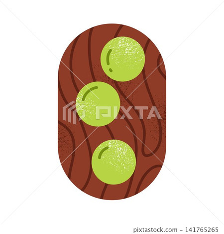 Green tea matcha mochi ice cream on wooden board. Traditional Japanese sweet dessert. Asian rice cake. Healthy, organic sweets. Popular spring dessert. Isolated vector illustration in cartoon style Green tea matcha mochi ice cream on wooden board. Traditional Japanese sweet dessert. Asian rice cake. Healthy, organic sweets. Popular spring dessert. Isolated vector illustration in cartoon style 141765265