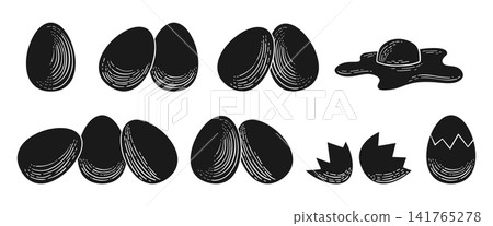 Egg icon set silhouette solid easter eggs fried egg doodle cracked eggshell broken cartoon symbols 141765278