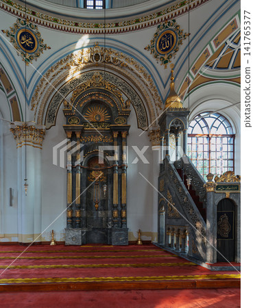 Aziziye Mosque interior with mihrab, minbar, and intricate Ottoman era Islamic calligraphy, Konya Turkey Aziziye Mosque interior with mihrab, minbar, and intricate Ottoman era Islamic calligraphy, Konya Turkey 141765377