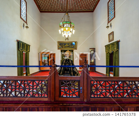 Shems-i Tebrizi Mosque and Tomb interior with ornate sarcophagus and chandelier, Konya Turkey 141765378