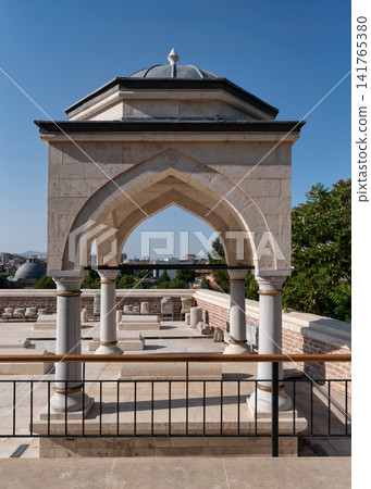 Seljuk tomb in Alaaddin Keykubad Mosque courtyard with city view, Konya Turkey Seljuk tomb in Alaaddin Keykubad Mosque courtyard with city view, Konya Turkey 141765380
