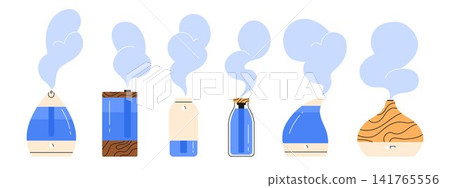 Modern air humidifier, essential oil diffuser collection. Set of cool mist humidifier. Various devices for healthy humidifying the air in the house. Isolated vector illustration in cartoon style Modern air humidifier, essential oil diffuser collection. Set of cool mist humidifier. Various devices for healthy humidifying the air in the house. Isolated vector illustration in cartoon style 141765556
