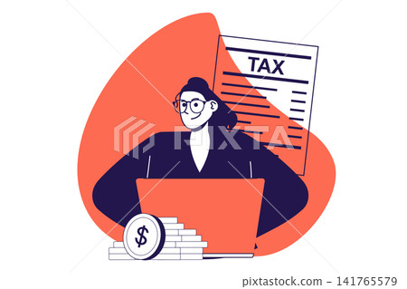 Tax declaration modern flat concept for web banner design. Woman calculating earnings and budget, planning payments and filling taxation online. Illustration with isolated people scene. Tax declaration modern flat concept for web banner design. Woman calculating earnings and budget, planning payments and filling taxation online. Illustration with isolated people scene. 141765579