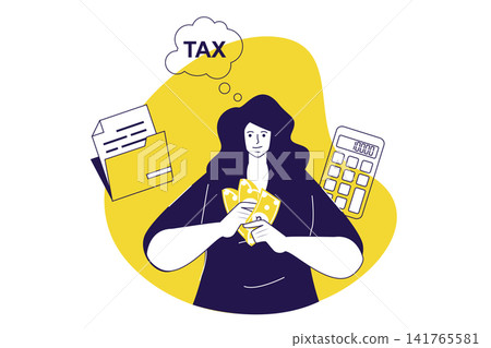 Tax declaration modern flat concept for web banner design. Woman calculating income earning and planning her budget, paying taxation and financial bill. Illustration with isolated people scene. Tax declaration modern flat concept for web banner design. Woman calculating income earning and planning her budget, paying taxation and financial bill. Illustration with isolated people scene. 141765581