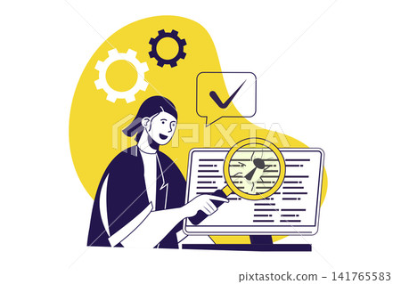 QA software testing modern flat concept for web banner design. Man inspecting programming code and making review, finding and fixing system problems. Illustration with isolated people scene. QA software testing modern flat concept for web banner design. Man inspecting programming code and making review, finding and fixing system problems. Illustration with isolated people scene. 141765583