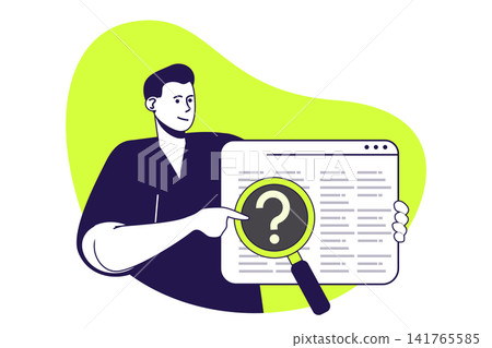 QA software testing modern flat concept for web banner design. Man magnifying and inspecting code, finding and fixing problems, tester troubleshooting. Illustration with isolated people scene. 141765585