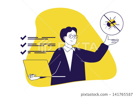 QA software testing modern flat concept for web banner design. Man inspecting program code and fixing problem bugs, troubleshooting with solutions. Illustration with isolated people scene. QA software testing modern flat concept for web banner design. Man inspecting program code and fixing problem bugs, troubleshooting with solutions. Illustration with isolated people scene. 141765587