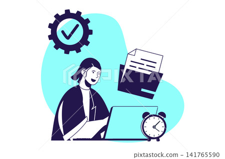 Productivity work modern flat concept for web banner design. Woman organizing workflow, doing paperwork, completing tasks to plan deadline at office. Illustration with isolated people scene. 141765590