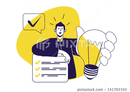 Productivity work modern flat concept for web banner design. Man organizing workflow with schedule list, finishing goals, brainstorming and finds idea. Illustration with isolated people scene. 141765593