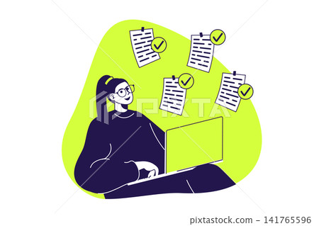 Productivity work modern flat concept for web banner design. Woman organizing her workflow with schedule list, completing tasks and finishing goals. Illustration with isolated people scene. 141765596