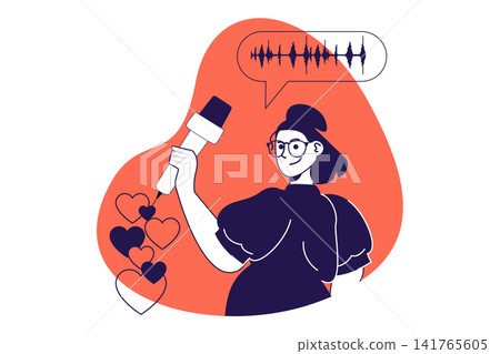 Podcast modern flat concept for web banner design. Woman talking in microphone at studio and broadcasting, speaker making live streaming from studio. Illustration with isolated people scene. 141765605