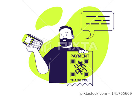 Payment terminal modern flat concept for web banner design. Man paying with financial credit card using wireless POS terminal or scanning qr code. Illustration with isolated people scene. Payment terminal modern flat concept for web banner design. Man paying with financial credit card using wireless POS terminal or scanning qr code. Illustration with isolated people scene. 141765609