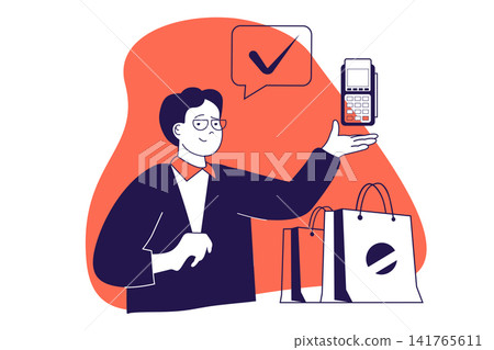 Payment terminal modern flat concept for web banner design. Man making retail purchases and paying with credit card using wireless POS terminal. Illustration with isolated people scene. Payment terminal modern flat concept for web banner design. Man making retail purchases and paying with credit card using wireless POS terminal. Illustration with isolated people scene. 141765611