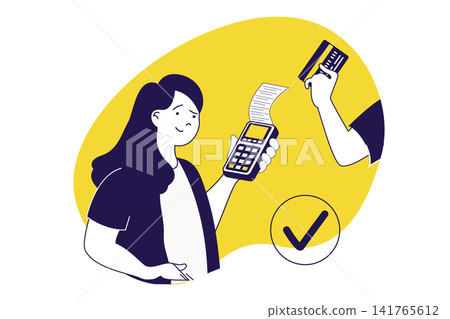 Payment terminal modern flat concept for web banner design. Woman using wireless POS terminal for getting payment with bank credit card from customer. Illustration with isolated people scene. 141765612
