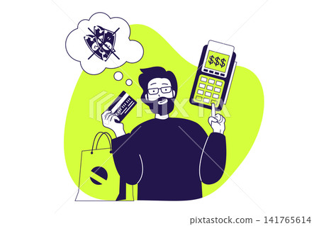 Payment terminal modern flat concept for web banner design. Man using wireless POS terminal for paying with bank credit cards at checkout for shopping. Illustration with isolated people scene. Payment terminal modern flat concept for web banner design. Man using wireless POS terminal for paying with bank credit cards at checkout for shopping. Illustration with isolated people scene. 141765614
