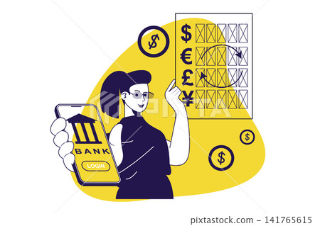 Online banking modern flat concept for web banner design. Woman making digital transactions and transfer, exchange money, using bank mobile application. Illustration with isolated people scene. Online banking modern flat concept for web banner design. Woman making digital transactions and transfer, exchange money, using bank mobile application. Illustration with isolated people scene. 141765615