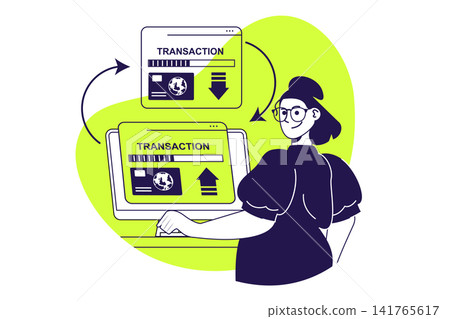 Online banking modern flat concept for web banner design. Woman using bank services online, making digital transactions at credit cards, exchange money. Illustration with isolated people scene. 141765617