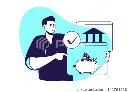 Online banking modern flat concept for web banner design. Man managing financial account, using bank services online for creating savings and deposits. Illustration with isolated people scene. Online banking modern flat concept for web banner design. Man managing financial account, using bank services online for creating savings and deposits. Illustration with isolated people scene. 141765618