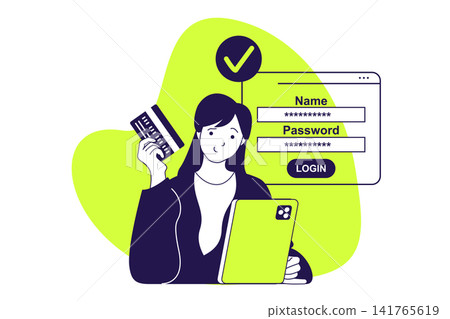 Online banking modern flat concept for web banner design. Woman managing financial account and credit card balance, using bank services online in app. Illustration with isolated people scene. Online banking modern flat concept for web banner design. Woman managing financial account and credit card balance, using bank services online in app. Illustration with isolated people scene. 141765619