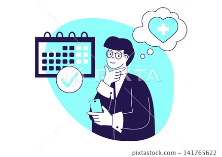 Heart health modern flat concept for web banner design. Man maintains healthy cardiovascular system and planning his visit at cardiologist consultation. Illustration with isolated people scene. Heart health modern flat concept for web banner design. Man maintains healthy cardiovascular system and planning his visit at cardiologist consultation. Illustration with isolated people scene. 141765622