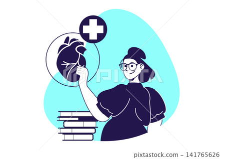 Heart health modern flat concept for web banner design. Woman doing heart check up, monitoring heartbeat, getting cardiologist consultation in clinic. Illustration with isolated people scene. Heart health modern flat concept for web banner design. Woman doing heart check up, monitoring heartbeat, getting cardiologist consultation in clinic. Illustration with isolated people scene. 141765626