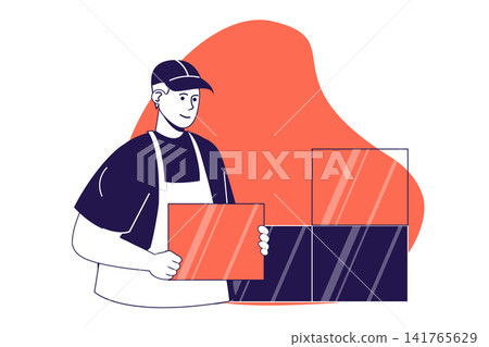Handyman service modern flat concept for web banner design. Man working at construction site, doing bricklaying and building walls, lays tiles at home. Illustration with isolated people scene. Handyman service modern flat concept for web banner design. Man working at construction site, doing bricklaying and building walls, lays tiles at home. Illustration with isolated people scene. 141765629