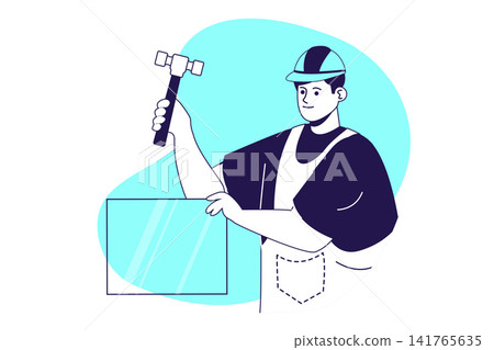 Handyman service modern flat concept for web banner design. Man with hammer doing house repair, building walls, making renovation, fixing constructions. Illustration with isolated people scene. Handyman service modern flat concept for web banner design. Man with hammer doing house repair, building walls, making renovation, fixing constructions. Illustration with isolated people scene. 141765635