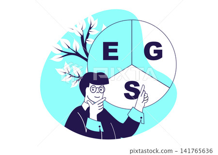 ESG sustainable modern flat concept for web banner design. Man developing responsibility business, company with circular economy and eco innovation. Illustration with isolated people scene. ESG sustainable modern flat concept for web banner design. Man developing responsibility business, company with circular economy and eco innovation. Illustration with isolated people scene. 141765636