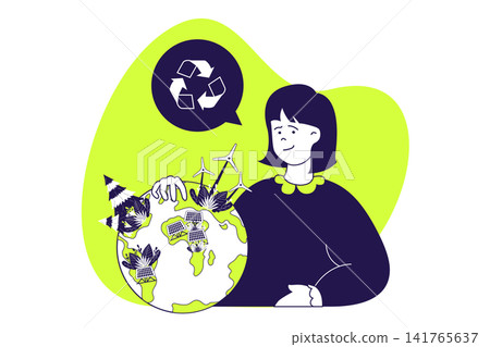 ESG sustainable modern flat concept for web banner design. Woman doing responsibility business with circular economy, recycling and global green energy. Illustration with isolated people scene. ESG sustainable modern flat concept for web banner design. Woman doing responsibility business with circular economy, recycling and global green energy. Illustration with isolated people scene. 141765637