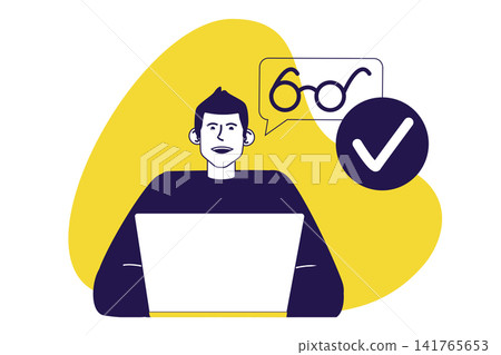 Doctor ophthalmologist modern flat concept for web banner design. Man gets consultation and diagnosis, corrects his vision for working with laptop. Illustration with isolated people scene. Doctor ophthalmologist modern flat concept for web banner design. Man gets consultation and diagnosis, corrects his vision for working with laptop. Illustration with isolated people scene. 141765653