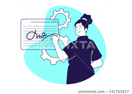 Digital signature modern flat concept for web banner design. Businesswoman writing electronic sign, agreeing official documents or corporate papers. Illustration with isolated people scene. Digital signature modern flat concept for web banner design. Businesswoman writing electronic sign, agreeing official documents or corporate papers. Illustration with isolated people scene. 141765657