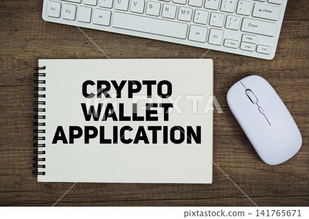 Crypto Wallet Application message with keyboard and optical mouse on wooden background 141765671