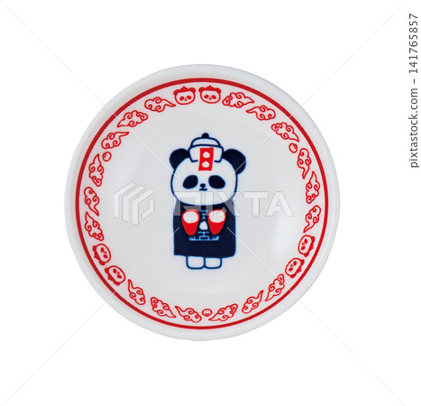Cute panda character and red cloud pattern small plate, white background, cutout. Cute panda character and red cloud pattern small plate, white background, cutout. 141765857