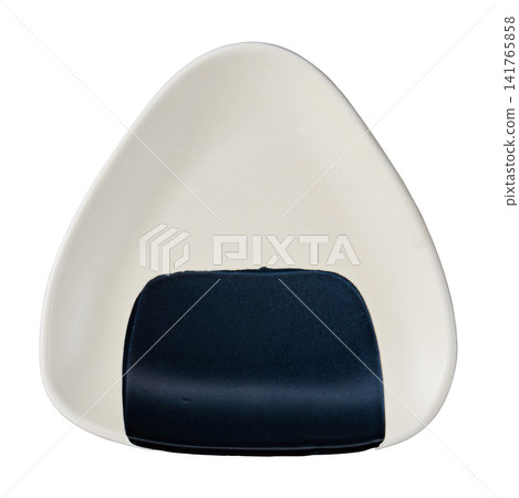 Small ceramic plate in the shape of a rice ball, navy blue with a seaweed pattern, on a white background, cutout. Small ceramic plate in the shape of a rice ball, navy blue with a seaweed pattern, on a white background, cutout. 141765858