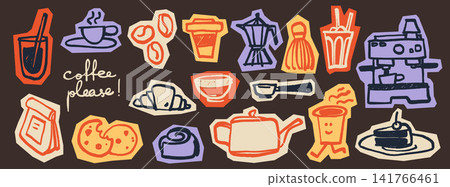 Coffee Scribble Doodle Set. Scrapbook hand drawn elements in kids crayon style. Cute stickers with coffee cups, beans, takeaway cups, croissants, cookies in a retro sketch style for coffee shop menus 141766461