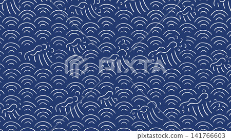 Hand-painted Seigaiha (wave pattern) and wave design in navy blue Japanese style background; traditional Japanese patterns, horizontal format. 141766603