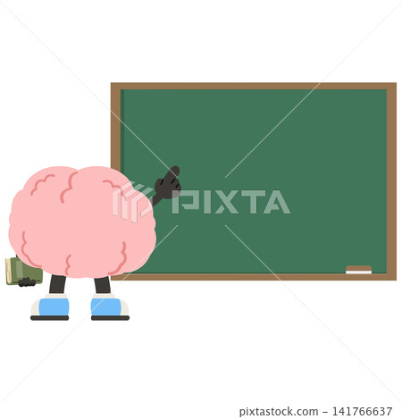 Brain Character Pointing at Chalkboard in Classroom Setting Brain Character Pointing at Chalkboard in Classroom Setting 141766637