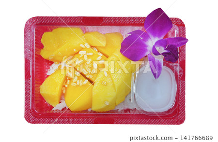 Golden mango sticky rice beautifully packed in a takeaway box, featuring sweet ripe mango and creamy coconut sticky rice, a popular Thai dessert on white background. Golden mango sticky rice beautifully packed in a takeaway box, featuring sweet ripe mango and creamy coconut sticky rice, a popular Thai dessert on white background. 141766689