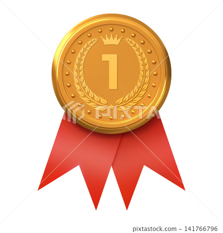 A round gold medal with the number one, a crown, and a laurel wreath with a red forked ribbon. A round gold medal with the number one, a crown, and a laurel wreath with a red forked ribbon. 141766796