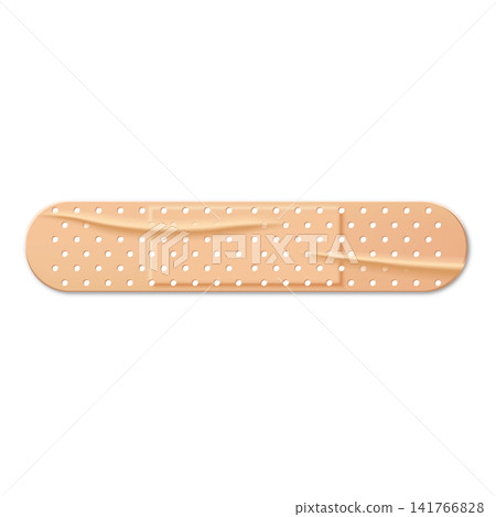 A flesh-colored medical plaster, rectangular in shape, with rounded edges, perforations, and folds. A flesh-colored medical plaster, rectangular in shape, with rounded edges, perforations, and folds. 141766828