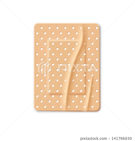 A flesh-colored, perforated medical plaster with a protective pad, rectangular shape, and wrinkles. 141766830