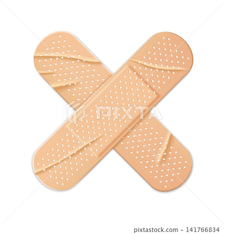 Medical beige patches strips crossed 3D vector icon, realistic first aid tape, crumpled glue plaster health care bandage 141766834