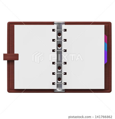 An open notebook with metal rings, blank white pages, a brown leather cover, and a clasp closure. 141766862