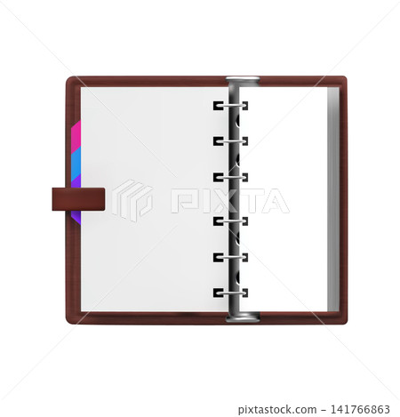 Notebook with metal coil rings binder vector realistic mockup, open notepad, copybook white paper sheets, brown cover Notebook with metal coil rings binder vector realistic mockup, open notepad, copybook white paper sheets, brown cover 141766863