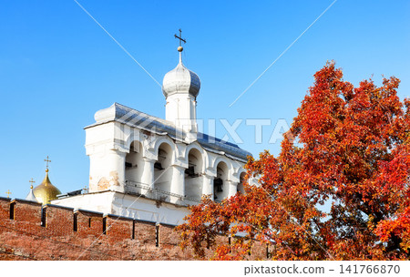 Sophia Belfry of Veliky Novgorod Kremlin in autumn colors in Veliky Novgorod, Russia Sophia Belfry of Veliky Novgorod Kremlin in autumn colors in Veliky Novgorod, Russia 141766870