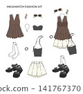 Dress-up fashion kit: Illustration of a casual adult outfit featuring a sheer peplum blouse and shorts. 141767370
